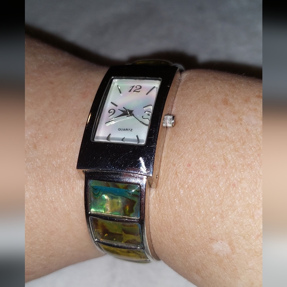 Silver And Green Abalone Shell Rectangular Watch - image 1